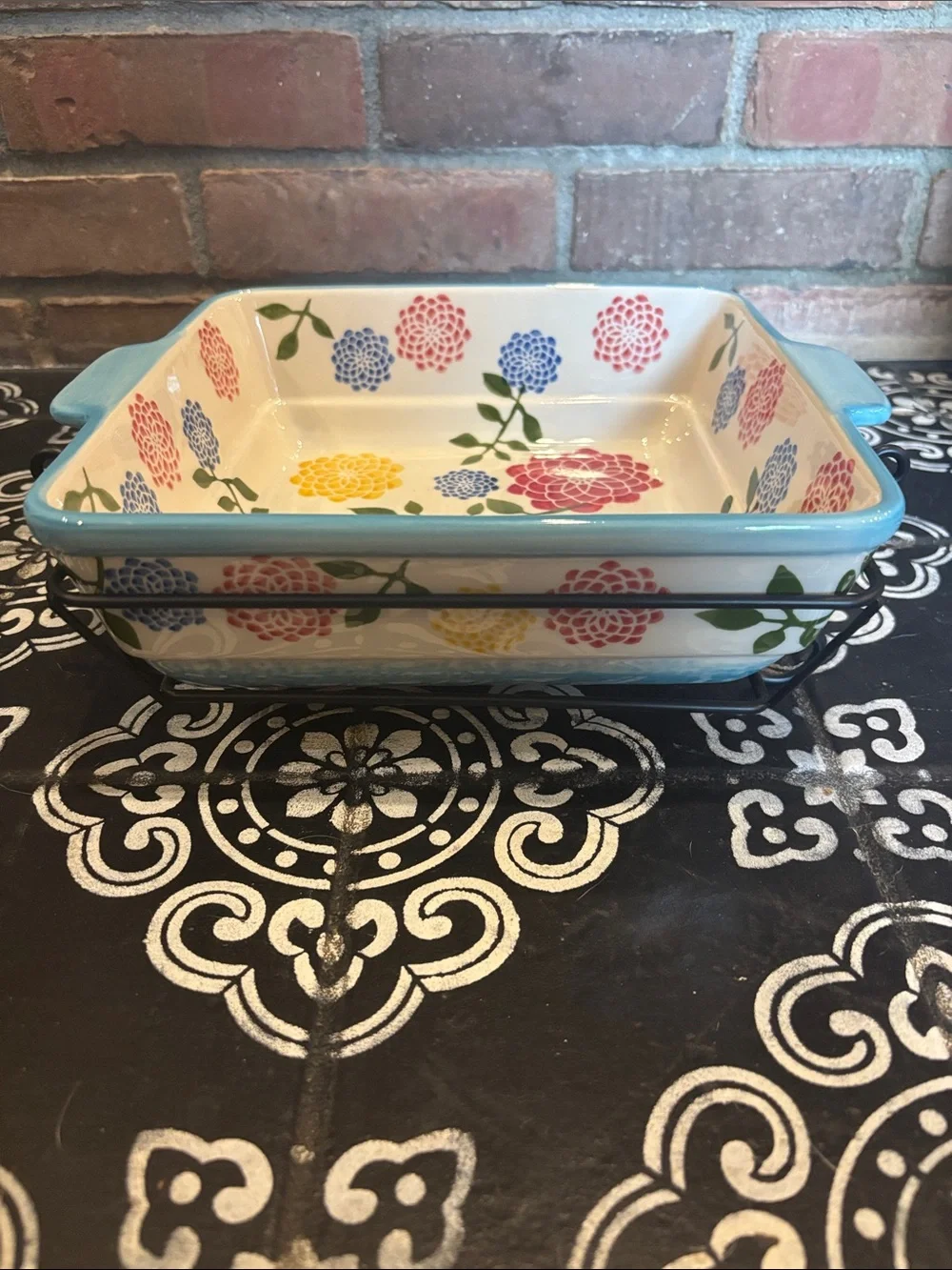 Blue Floral Ceramic Baking Dish - Decorative Flower Pattern
